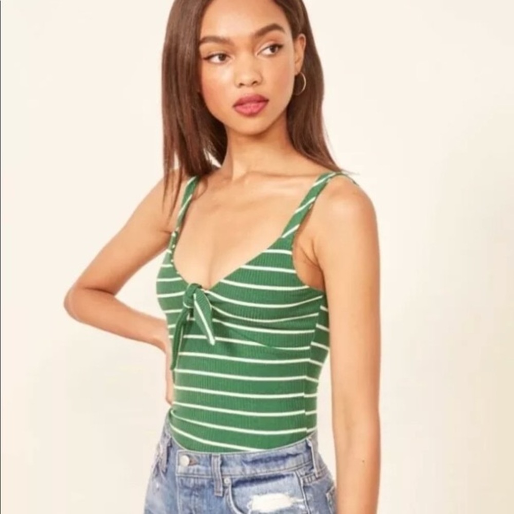 Reformation Natalia Green Stripe Knot Front Tank L